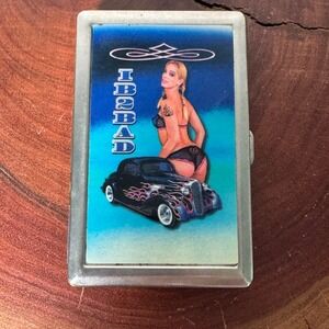 Retro Metal Cigarette Case Featuring Pin-Up Girl & a Flaming Hot Rod